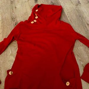 Red long button sweater